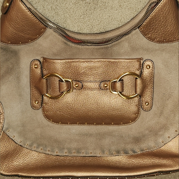 Cole Haan Stephanie Suede bronze studded leather horsebit hobo equastrian bag - Picture 2 of 7